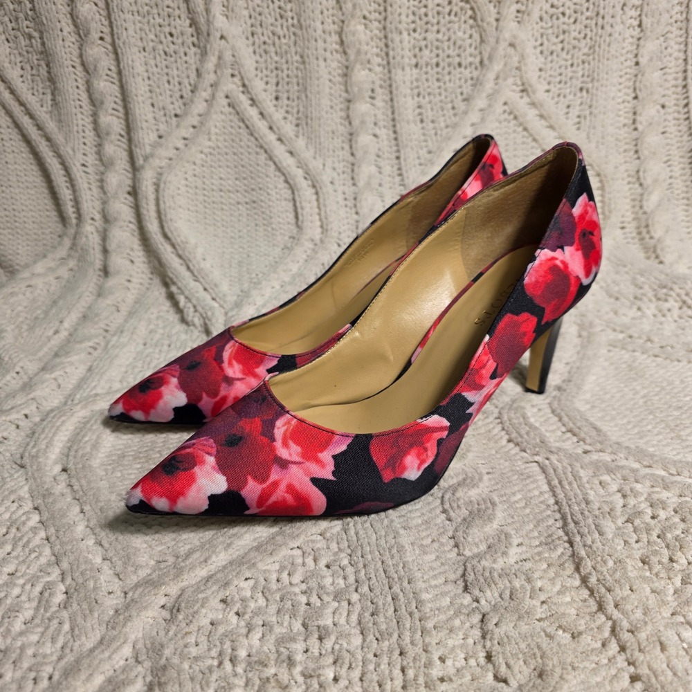 Talbots Floral Pumps Black‎ Red Floral Pointed Toe Heels Womens 10 Wide